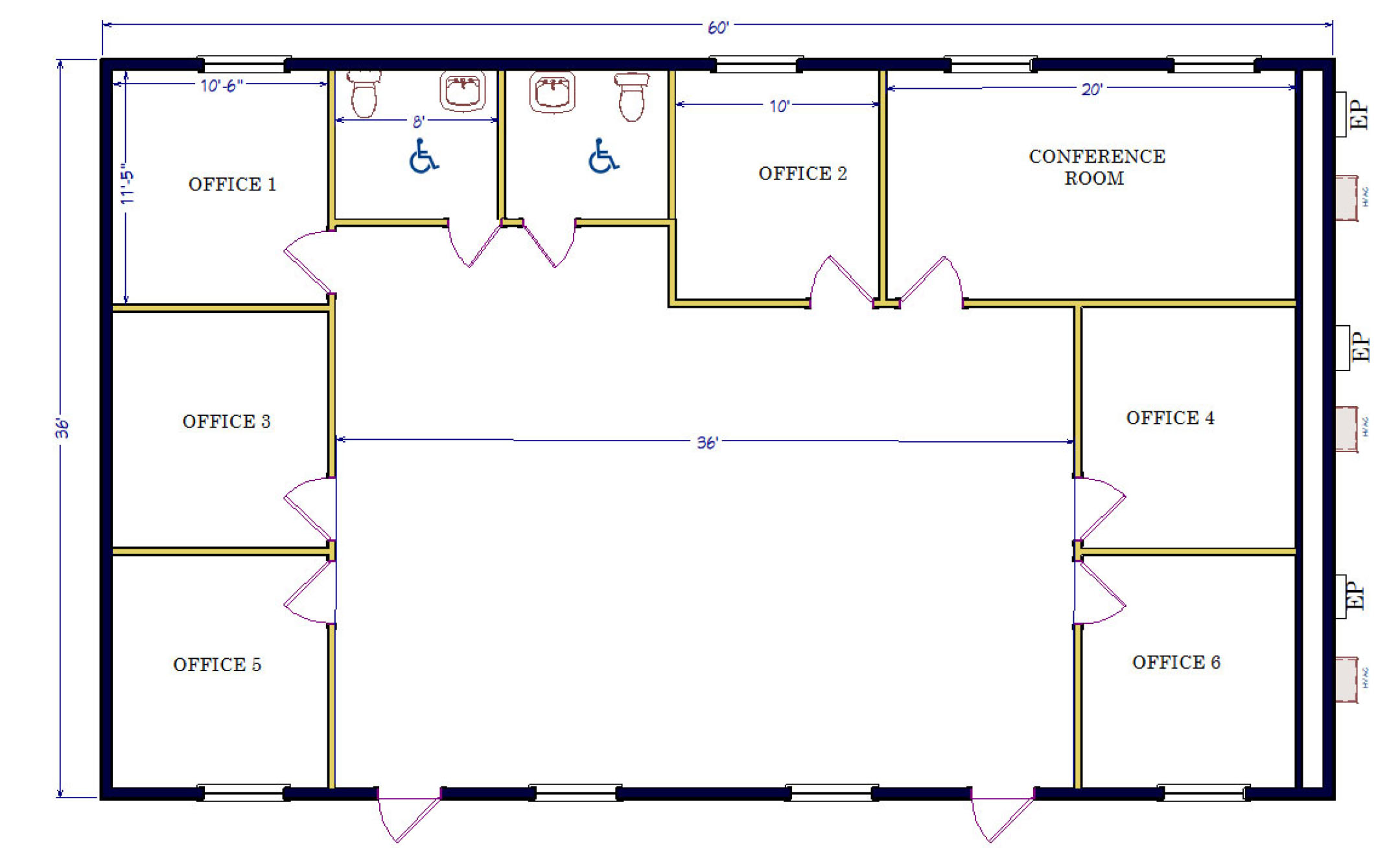 36x60 6 Office. 2 RR. CR. Floor Plan-1